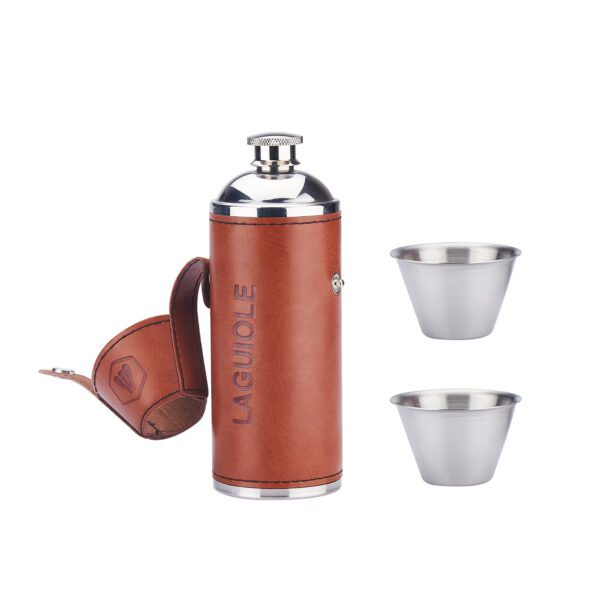 LAGUIOLE - 40268427 - Flasque à alcool avec verres en Inox et Similicuir marron