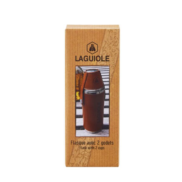 LAGUIOLE - 40268427 - Flasque à alcool avec verres en Inox et Similicuir marron