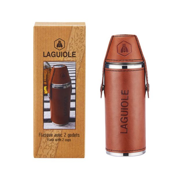 LAGUIOLE - 40268427 - Flasque à alcool avec verres en Inox et Similicuir marron